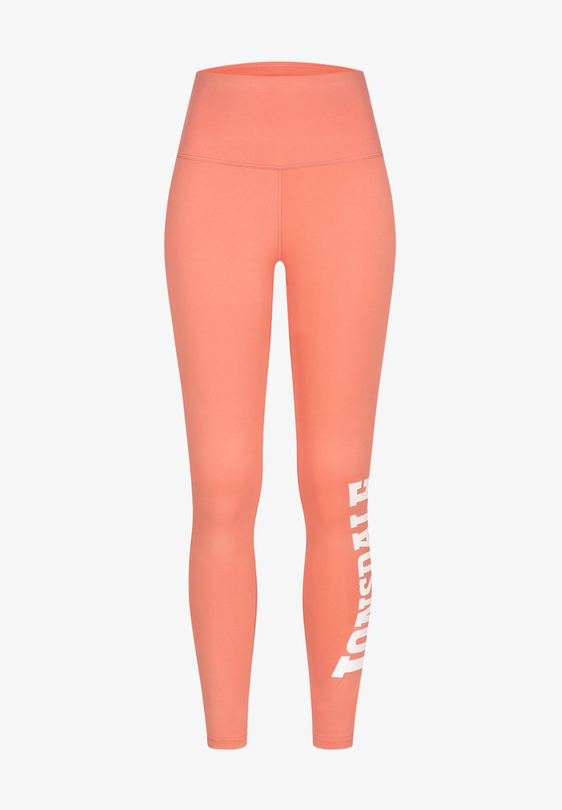 Leggings boje breskve s visokim strukom, izrađene od rastezljivog materijala. Sadrže bijeli natpis duž lijeve noge. Glatka tekstura kroz cijeli komad.