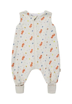 Jumpsuit für Kinder aus weichem, cremefarbenem Stoff. Mit einem Reißverschluss, orangefarbenen Füchsen und bunten Pilzmuster. Mit elastischen Bündchen.