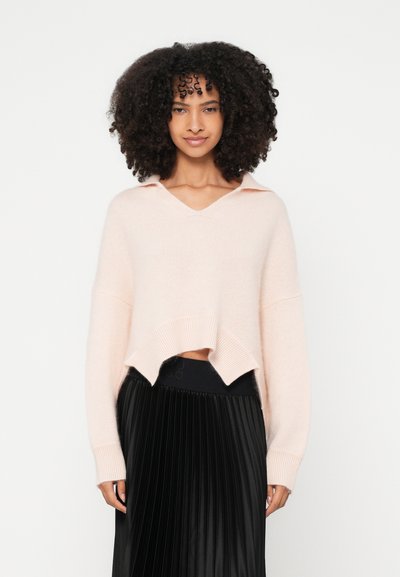 Pull court rose pâle avec un col en V et un col, doté d'une coupe décontractée et d'un tricot texturé. Associé à une jupe plissée noire.