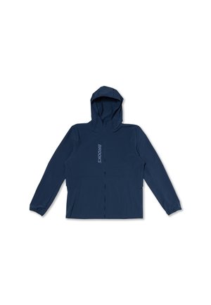 Marineblå hættejakke med lynlås foran, elastiske ærmekanter, to forlommer og lodret "BROOKS"-logo på venstre bryst.