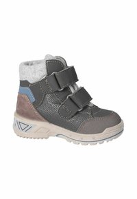 Grå høj-top sko med to sorte velcro-stropper, struktureret overflade, blå detaljer og grå filtforing. Gummisål med mønstret slidbane.