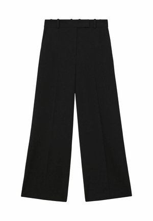 Sorte vidde bukser med bæltestropper og høj talje, vist på hvid baggrund.