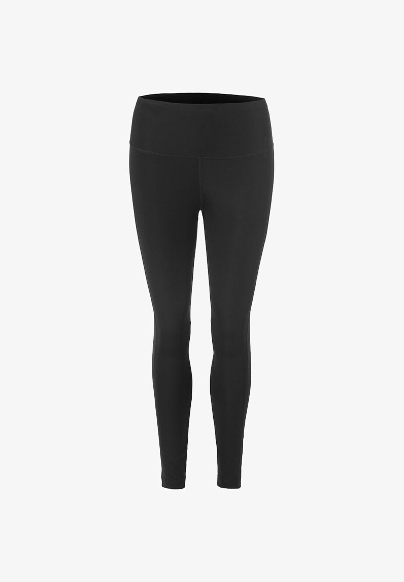 Svarte leggings med høy midje, med et smakfullt design og glatt, elastisk stoff, ideelle for trening eller hverdagsbruk.