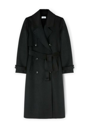 Trench coat in misto lana nera con chiusura doppiopetto, ampi revers e cintura staccabile; presenta polsini con bottone e design lunghezza caviglia.