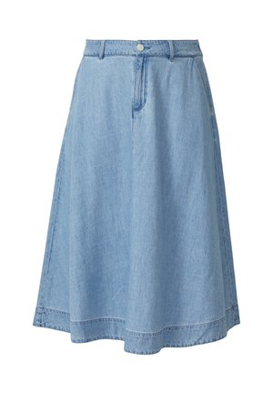 Lichtblauwe A-lijn spijkerrok met tailleband, knoop, riemlussen en details aan de voornaad.