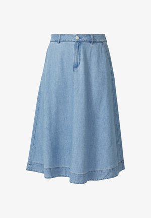 Lichtblauwe A-lijn spijkerrok met tailleband, knoop, riemlussen en details aan de voornaad.