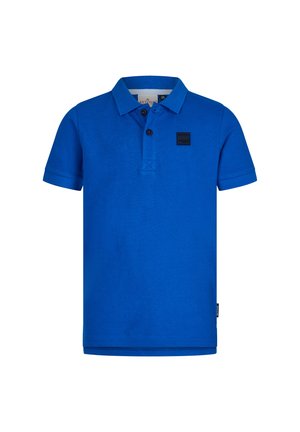 Polo shirt blu con colletto corto, patta con due bottoni, tessuto strutturato e un piccolo etichetta di marchio nera sul petto.