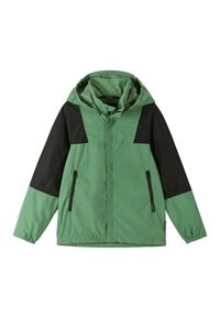 Green and black windbreaker jacket with a hood, featuring zippered pockets, smooth texture, and contrasting color block design.