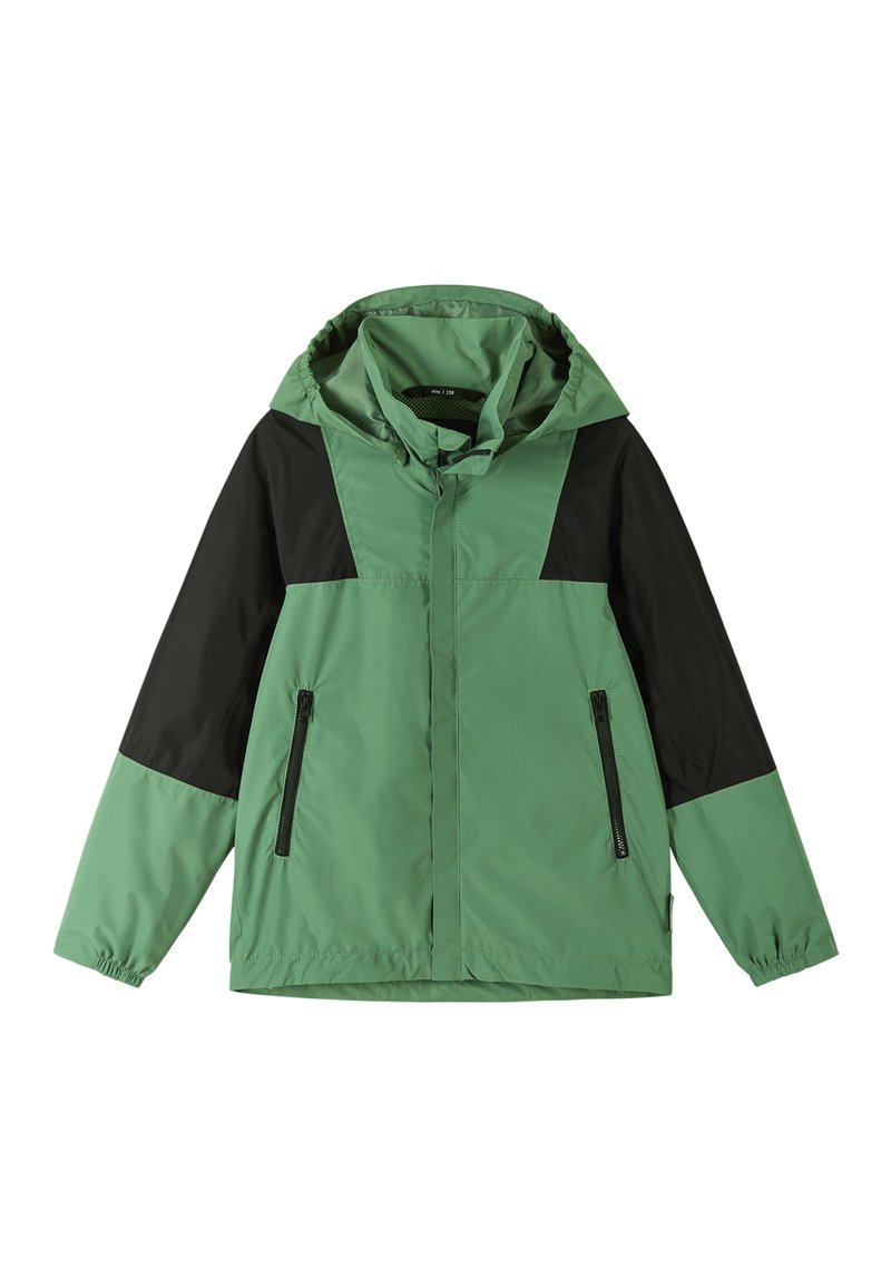 Green and black windbreaker jacket with a hood, featuring zippered pockets, smooth texture, and contrasting color block design.