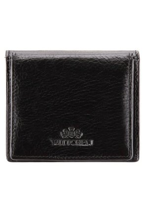 Black leather wallet with a textured finish, featuring a subtle logo embossed on the front, compact design with straight edges.