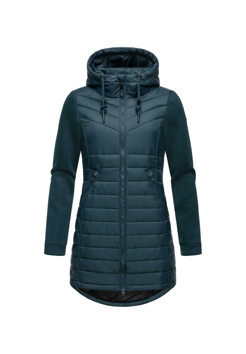 Mörkt teal, vadderad jacka med dragkedja fram, chevronmönster och huva. Har sidofickor och kontrasterande textil på ärmarna.
