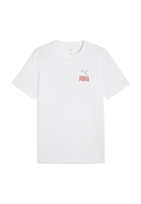 Witte katoenen T-shirt met korte mouwen, een ronde hals en een klein rood "PUMA"-logo op de bovenkant van de linkerborst met een kat silhouet.