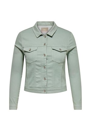 Lys grønn denim-inspirert jakke med knappelukking foran, to brystlommer med klaff, lange ermer og en klassisk krage.