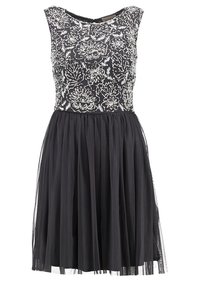 Black dress featuring a sequined floral-patterned bodice, a round neckline, and a flowy tulle skirt with a gathered waist.