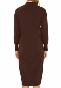 Robe en tricot marron avec manches longues, col et ourlet côtelé. Le tissu semble doux, avec une silhouette simple et épurée.