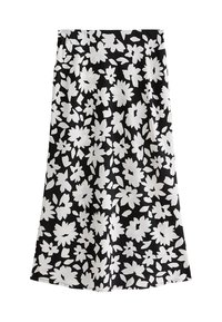 Gonna nera con un motivo floreale bianco, dal design fluido e dalla superficie liscia. Orlo di media lunghezza con vita arricciata.