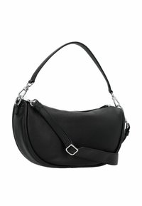 Borsa in pelle nera con una forma curvata, manico superiore singolo e tracolla regolabile. Presenta hardware in tonalità argento e superficie testurizzata.