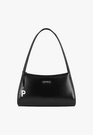 Schwarze Leder-Umhängetasche mit gebogenem Obergriff, silbernem "P"-Charm und kleinem "Picard"-Logo in der Mitte der Vorderseite.