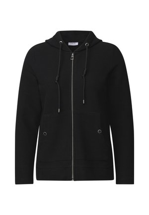 Svart zip-up hoodie med dragsko, två framfickor, ribbad textur och silverdetaljer på dragkedjan och dragskoändarna.