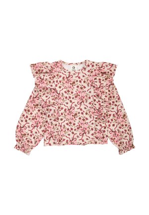 Meisjesblouse met lange mouwen met roze bloemen- en lintmotief, ruches op de borst en mouwen en elastische boorden.