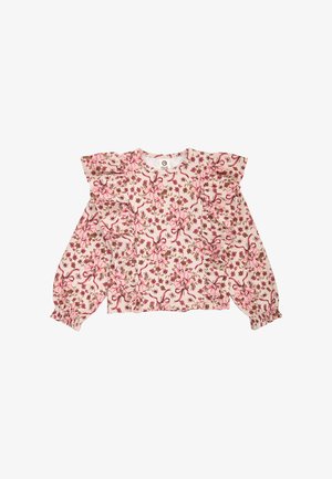 Meisjesblouse met lange mouwen met roze bloemen- en lintmotief, ruches op de borst en mouwen en elastische boorden.