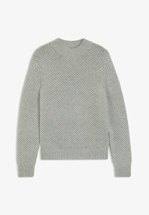 Pull en tricot gris clair avec un col rond, un motif texturé, des poignets et un ourlet côtelés ; design décontracté avec une coupe ample.