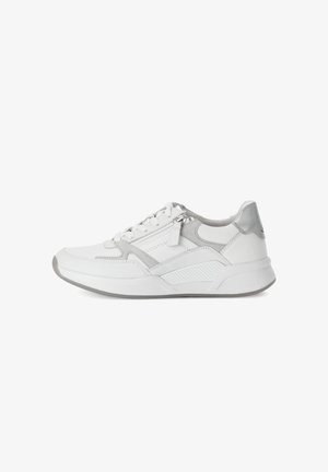 White leather sneakers with gray accents, textured design, lace-up front, and a chunky sole featuring a ridge pattern.