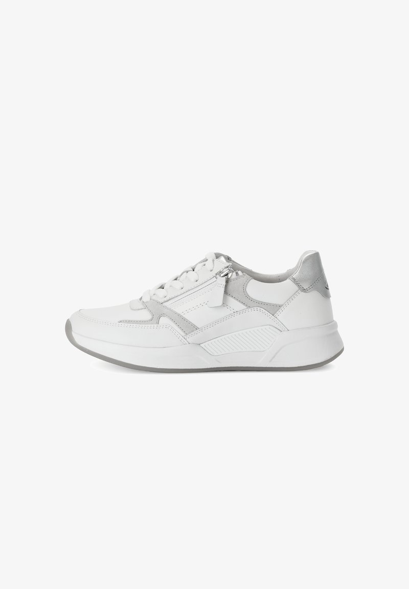 White leather sneakers with gray accents, textured design, lace-up front, and a chunky sole featuring a ridge pattern.