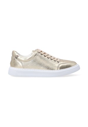 Metallic gold sneakers with a textured finish, white rubber sole, and six eyelets for laces, featuring a subtle logo on the side.