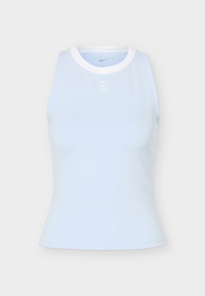 Sleeveless light blue athletic top with white round neckline and small white logo centered below collar.