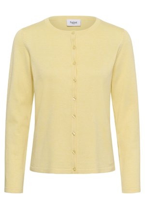 Cardigan à manches longues jaune clair avec col rond et fermeture boutonnée à l'avant, en tissu tricot fin.