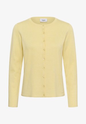 Világos sárga, hosszú ujjú kardigán kerek nyakkivágással és elöl gombos záródással, finom kötött anyagból készült.