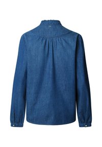 Blaue Jeanshemd, lange Ärmel, geraffter Ausschnitt und Rückenpasse. Mit knöpfbaren Manschetten und lässiger Passform. Glatte Textur.