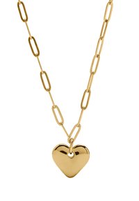 Naszyjnik złoty z wydłużonym łańcuszkiem, ozdobiony polerowanym wisiorkiem w kształcie serca. Serce ma gładką, błyszczącą powierzchnię oraz mały otwór.