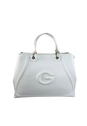 Borsa in pelle bianca con doppi manici e una grande lettera "G" in rilievo sul davanti.