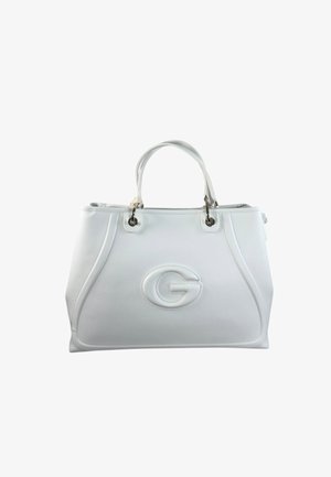 Borsa in pelle bianca con doppi manici e una grande lettera "G" in rilievo sul davanti.