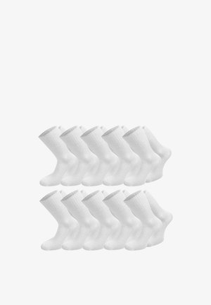 Weiße Baumwollsocken mit gerippter Textur und bequemem Sitz, präsentiert in einem Set von zehn Paaren, angeordnet in zwei Reihen.