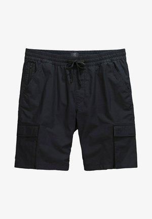 Pantaloni cargo neri con vita elastica, cordino, tasche laterali e una tasca a toppa sulla gamba sinistra. Realizzati in materiale leggero.