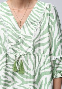 Robe maxi avec imprimé zèbre vert et blanc, présentant un devant à boutons, des détails en dentelle et des accents à franges à la taille. Tissu doux et texturé.