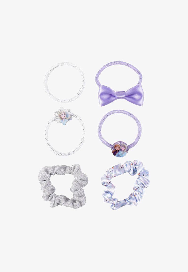 Set of six hair accessories: two white elastic bands, a purple satin bow, two characters adorned elastic bands, and two scrunchies in silver and light blue.
