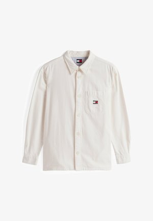 Camicia a maniche lunghe in cotone avorio. Presenta un colletto button-down, una tasca frontale con un piccolo logo del marchio e chiusura standard con bottoni.