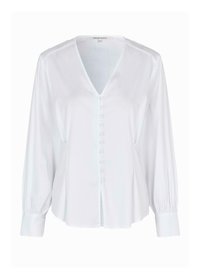 Camicia bianca a maniche lunghe con scollo a V, chiusura con bottoni frontali e maniche plissettate. Tessuto liscio e vestibilità comoda. Senza fantasie né dettagli.