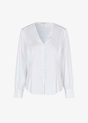 Biela košeľa s dlhými rukávmi a výstrihom do V, s predným zapínaním na gombíky a plisovanými rukávmi. Hladká textúra a uvoľnený strih. Bez vzorov alebo akcentov.