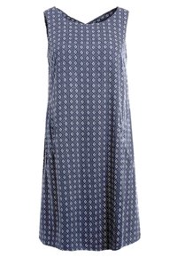 Robe sans manches longueur genou avec motif géométrique en losange bleu marine et blanc et encolure en V.