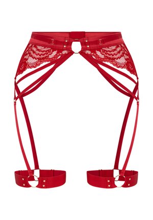 Sarkans zeķturi jostas josla ar mežģīņu apdari, regulējamām siksnām, metāla akcentiem un apaļas formas centrālo gredzenu. Gluda tekstūra ar pieguļošu dizainu.