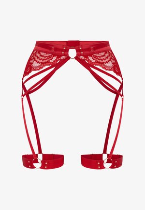 Piros harisnyatartó csipkés szegéllyel, állítható pántokkal, fém díszítésekkel és középen kör alakú gyűrűvel. Simább textúrájú és testhez álló kialakítású.