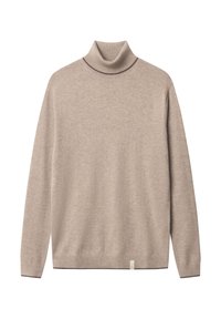 Beige Rollkragenpullover aus weichem Stoff, mit langen  Ärmeln und einem kontrastierenden dunklen Saum am Kragen und am Abschluss.