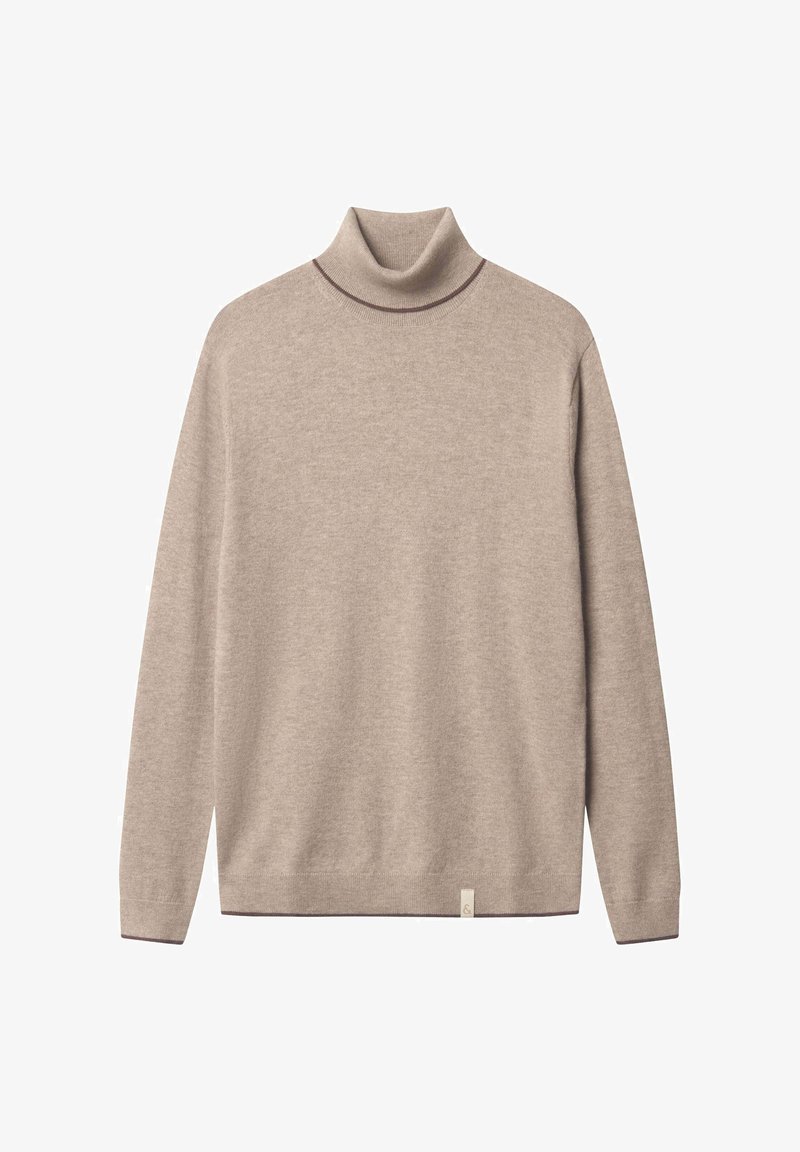 Beige Rollkragenpullover aus weichem Stoff, mit langen Ärmeln und einem kontrastierenden dunklen Saum am Kragen und am Abschluss.
