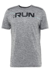 Grå idrottströja med en melerad textur, rund halsringning, korta ärmar och en framträdande svart "RUN" grafik på framsidan.