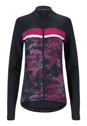 Pitkähihainen pyöräilypaita tummansinisenä, jossa on vaaleanpunainen ja valkoinen geometrinen kuvio yläosassa, varustettuna täyspitkällä vetoketjulla ja heijastavilla yksityiskohdilla.